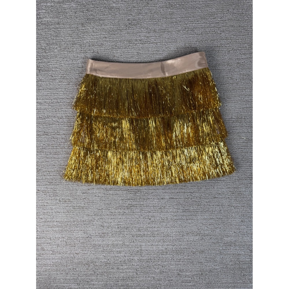 Blue B Collection Gold Metallic Fringe Tiered Mini Skirt Party Festival Size M